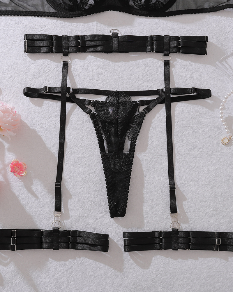 Black Embroidered Mesh Lace-Up Corset Garter Lingerie Set
