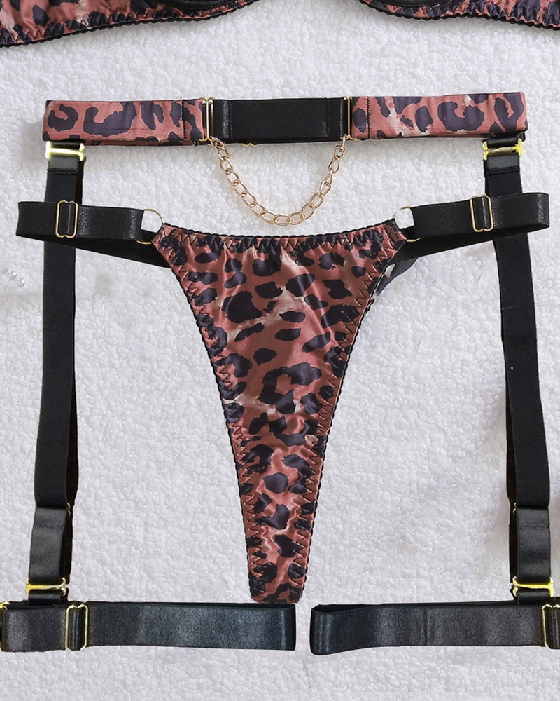 Sexy Metal Chain Leopard Print Cut-Out Lingerie Set