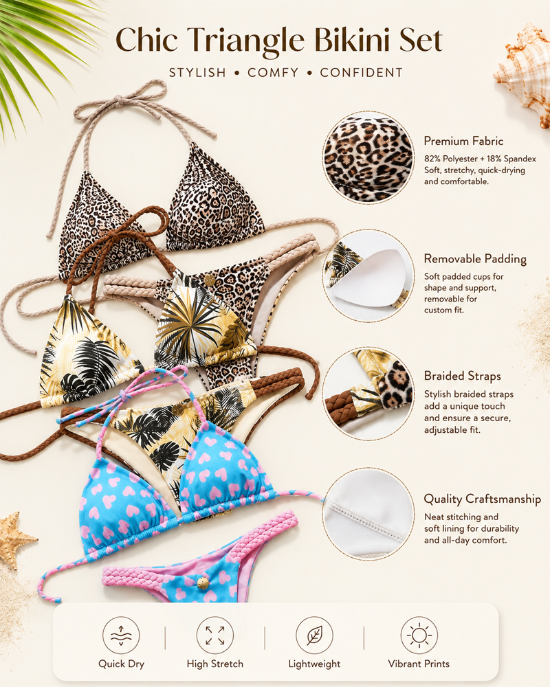 Color-Block Print Bikini Swimsuit with Braided Straps