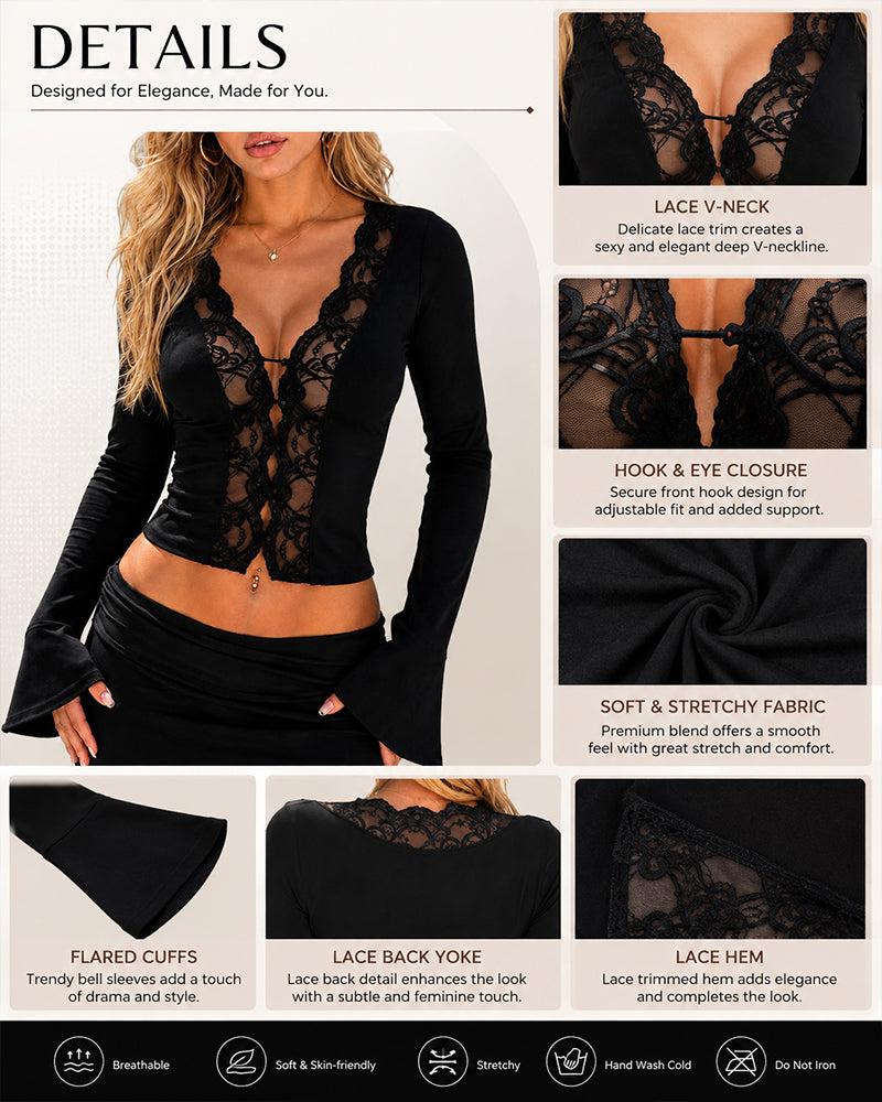 Sexy Deep V Lace Button Ruffle Long Sleeve Top
