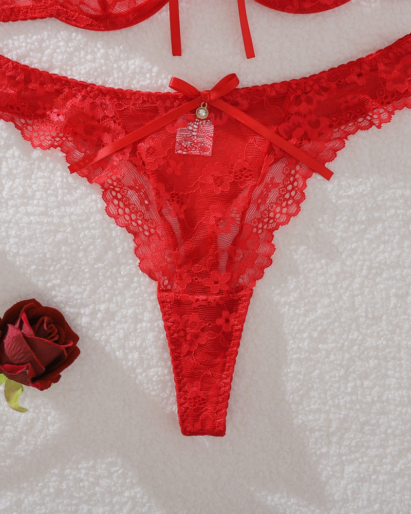 Red Floral Lace Underwire Bra & Panty Set