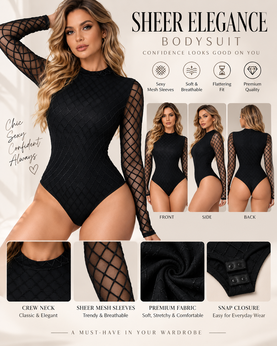 Sexy See-Through Mesh Round Neck Long Sleeve Bodysuit