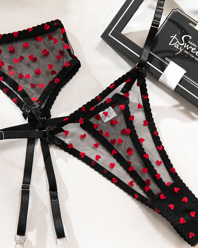 Sexy Heart Flocked Embroidery Sheer Mesh Lingerie Set with Stockings