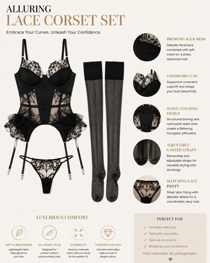 Sexy Satin Lace Embroidered Sheer Bodysuit Set with Stockings