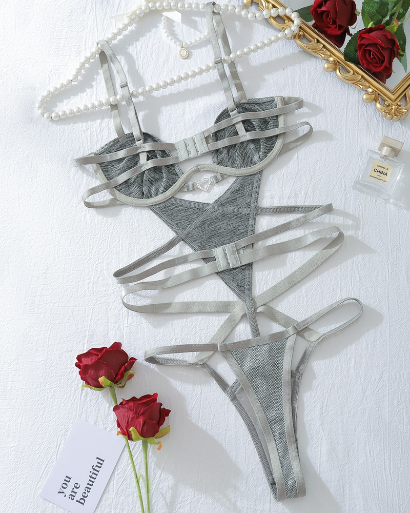 Metallic Silver Strappy Cutout Bodysuit Lingerie