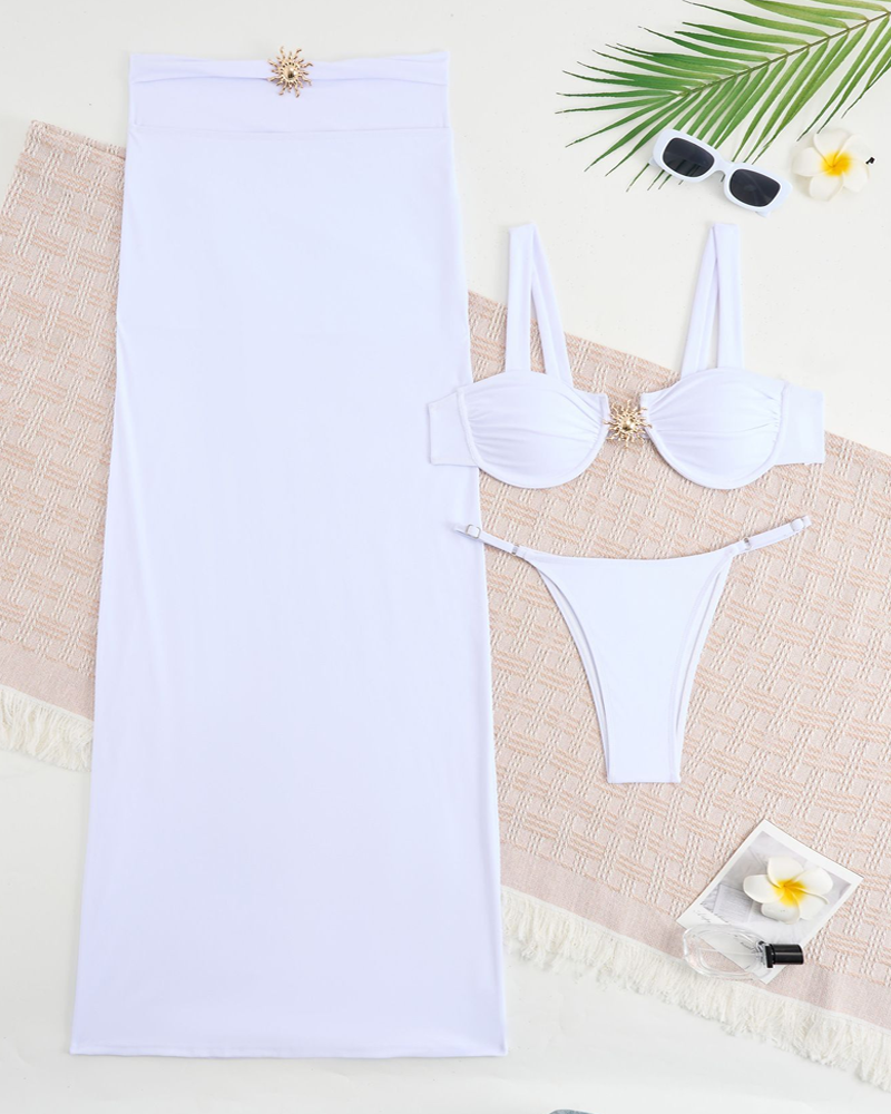 Beach Metallic Detail Sheer Mesh Cover-Up Maxi Dress Bikini Set