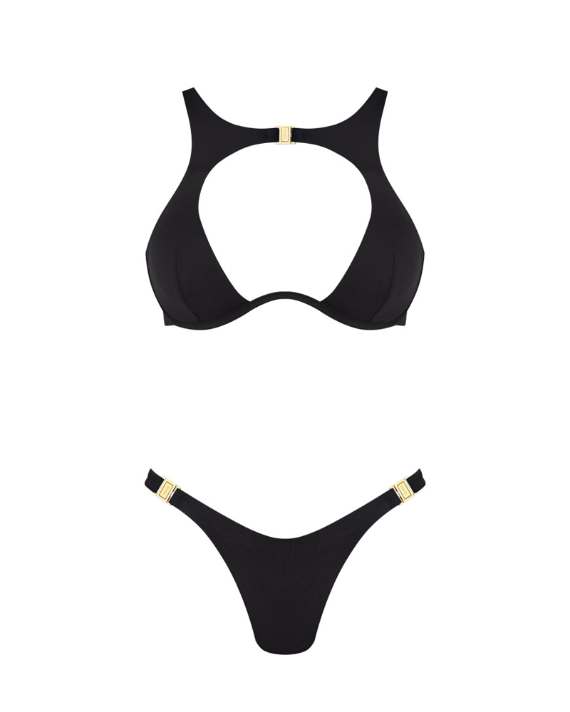Sexy Metal Buckle Cut-Out Bikini Set with Cover-Up Skirt