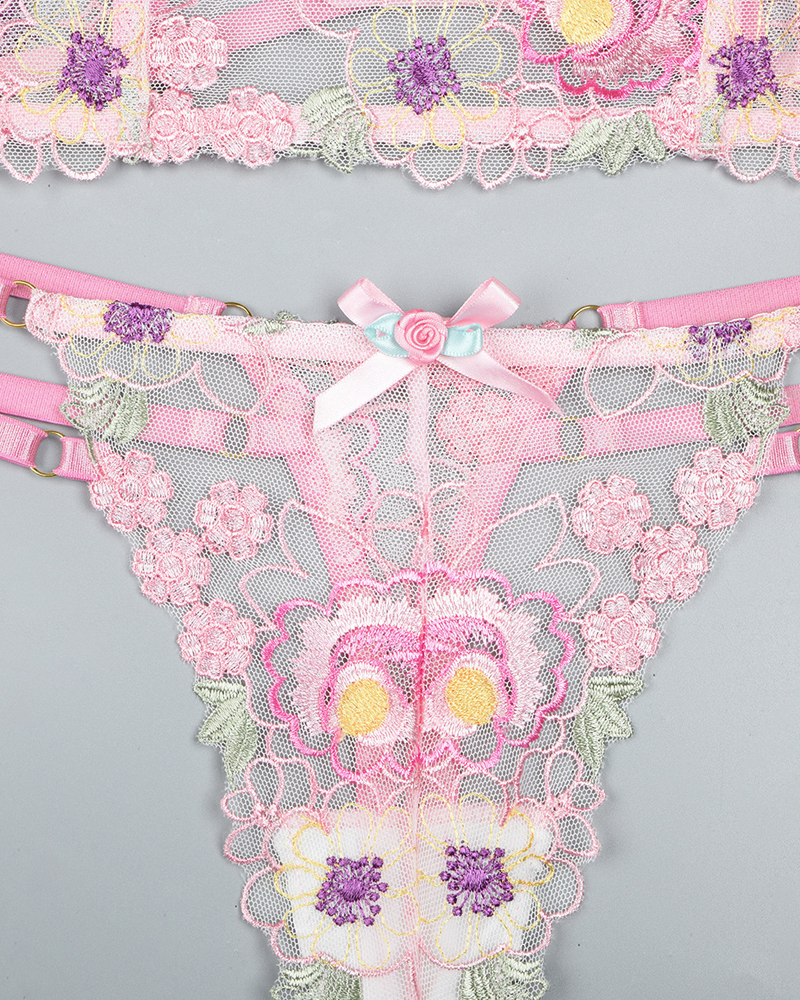 Floral Embroidered Mesh Longline Bra & Thong Set