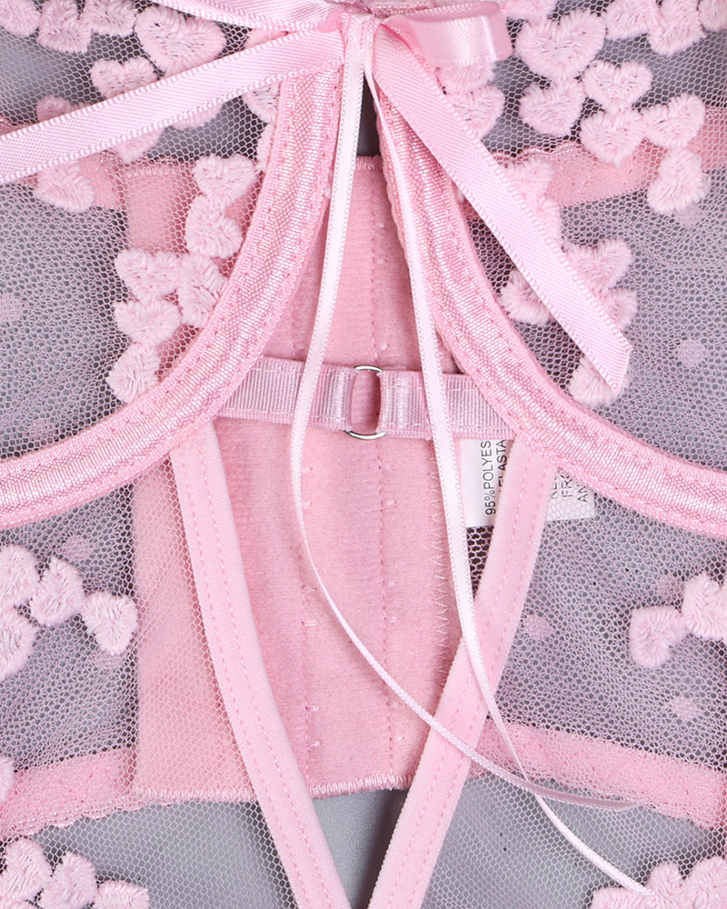 3D Floral Embroidered Lingerie Set with Thigh Garters