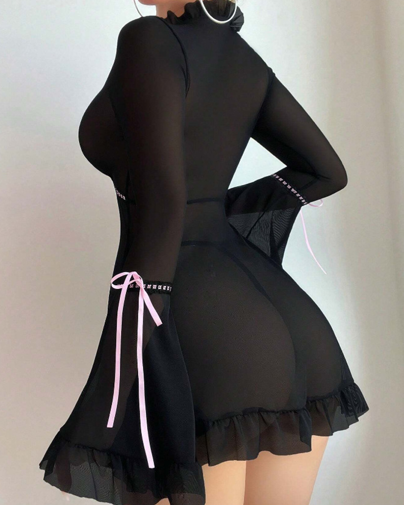 Sexy Sheer Mesh Ruffle Long Sleeve Babydoll Lingerie