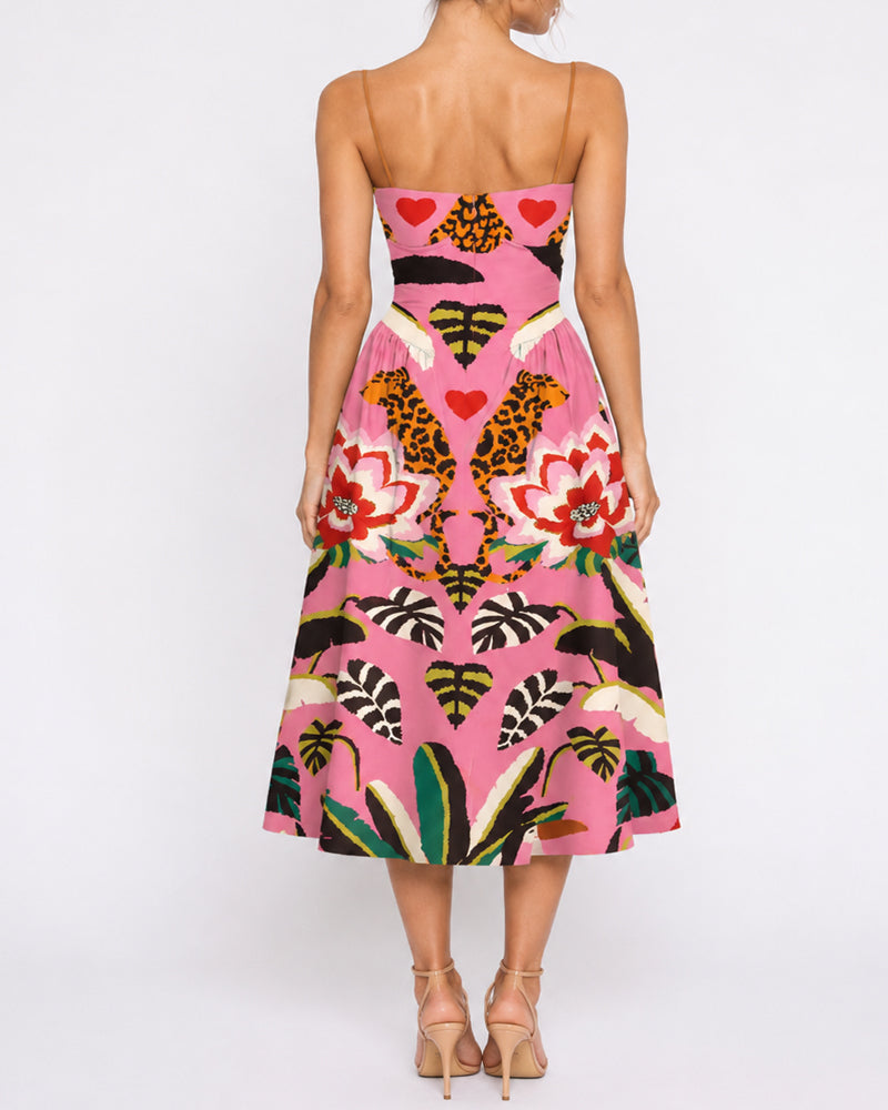 Beach Vacation Retro Floral Print Spaghetti Strap Maxi Dress