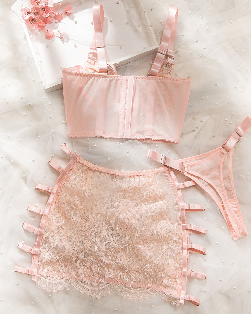 Sexy Hollow-out See-through Mesh Embroidered Lingerie Set