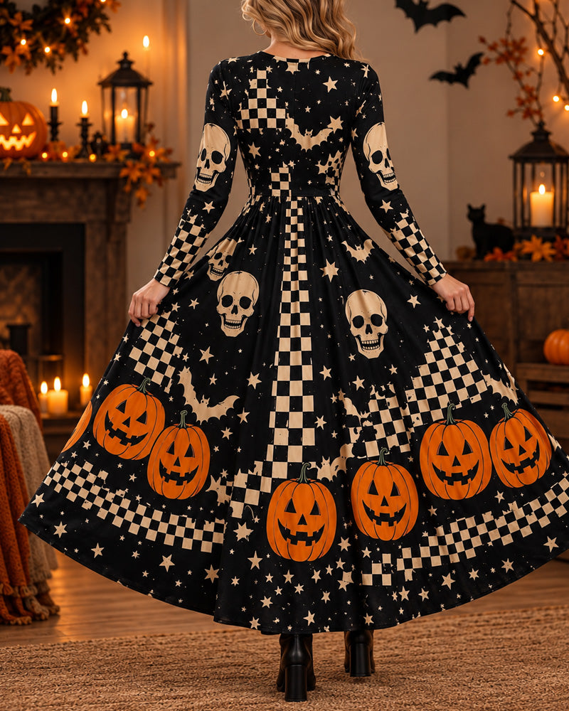 Halloween Cosplay Retro Print Long Sleeve Dress
