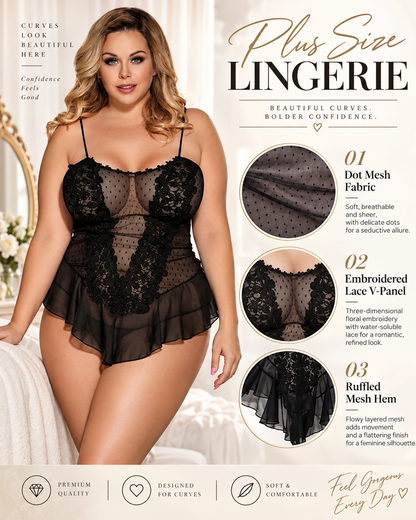 Plus Size Floral Lace Mesh Ruffle Babydoll Lingerie