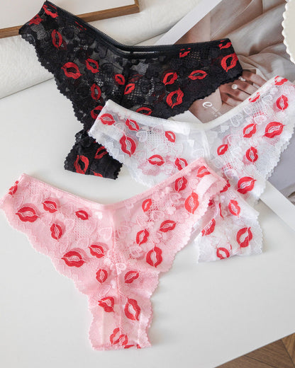 3-Pack Floral Lace Semi-Sheer Low-Rise Briefs Panties with Lip Print