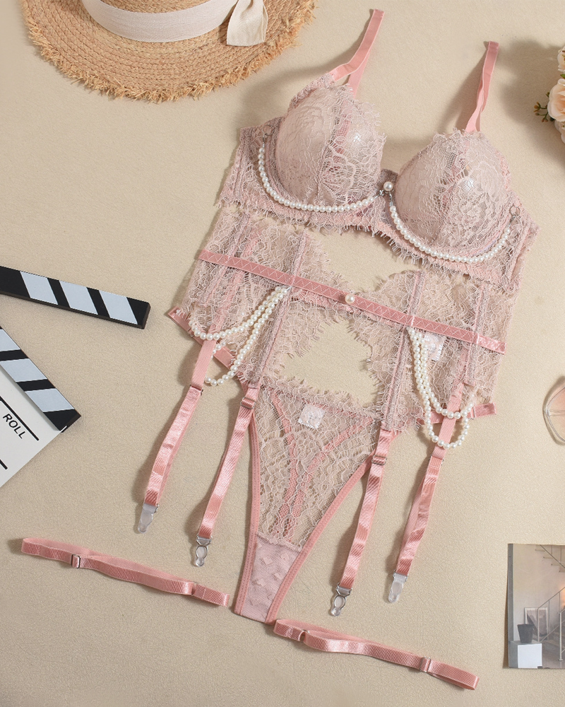 Luxury Pearl Lace Lingerie Set with Boned Waist Corset