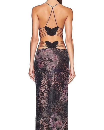 Sexy Halter Tie Backless Butterfly Detail Printed Bodycon Dress