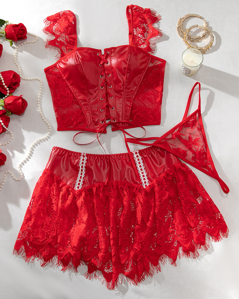 Leather Lace Patchwork Adjustable Strappy Lingerie Set