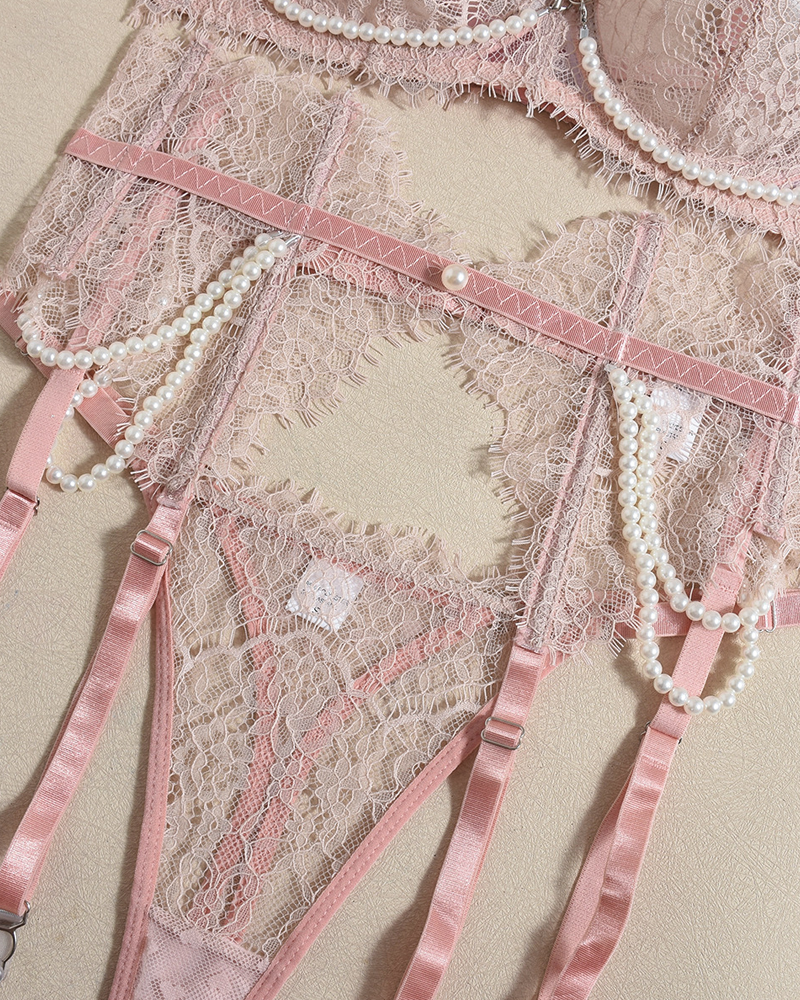 Luxury Pearl Lace Lingerie Set with Boned Waist Corset
