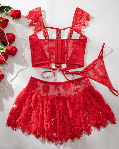 Leather Lace Patchwork Adjustable Strappy Lingerie Set