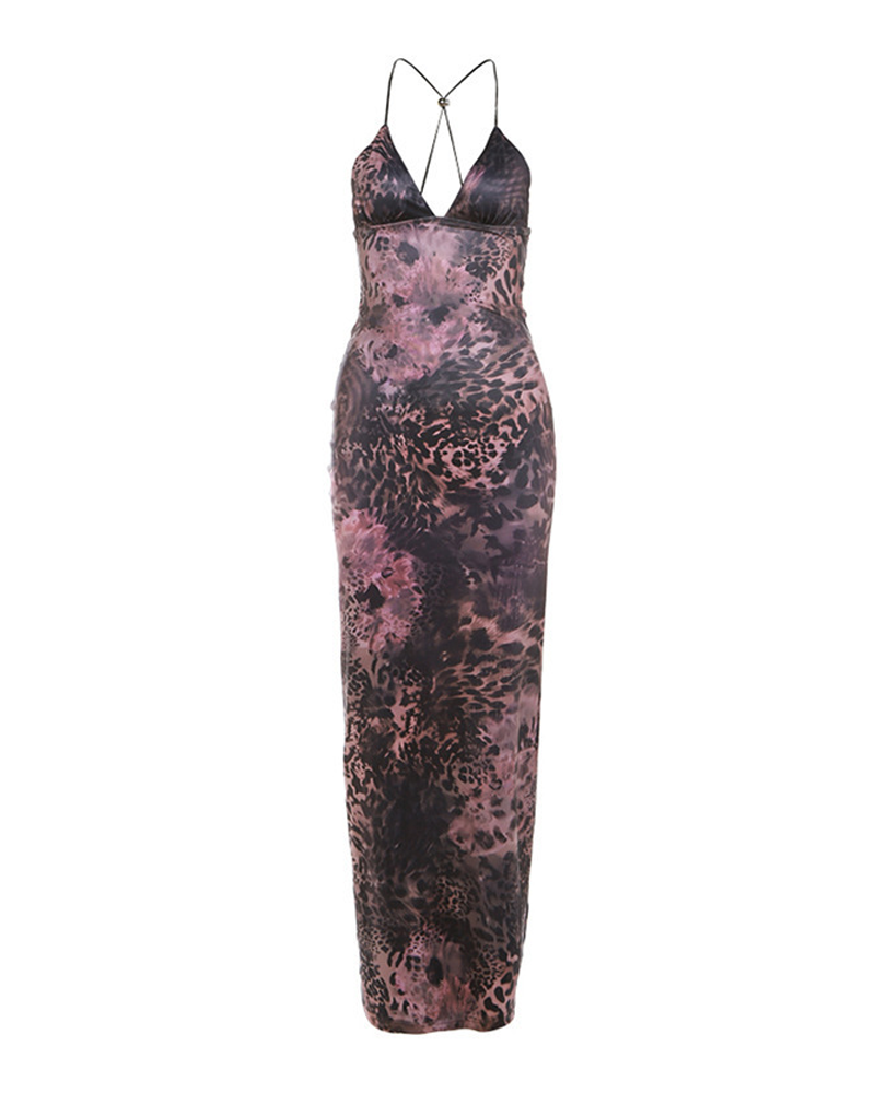 Sexy Halter Tie Backless Butterfly Detail Printed Bodycon Dress