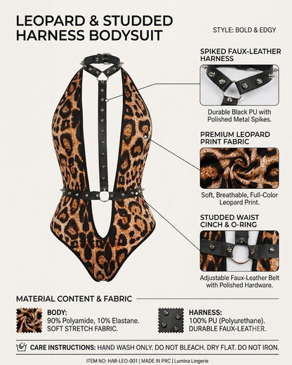 Sexy Leopard Print Studded Cut-Out Strappy Bodysuit