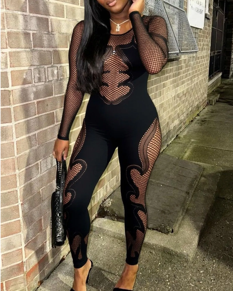 Lace mesh hollow-out high-stretch sheer jumpsuit