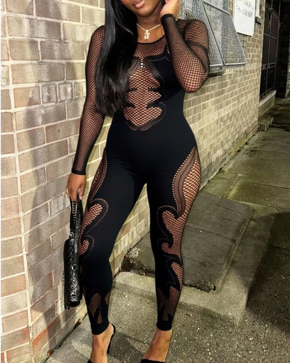 Lace mesh hollow-out high-stretch sheer jumpsuit
