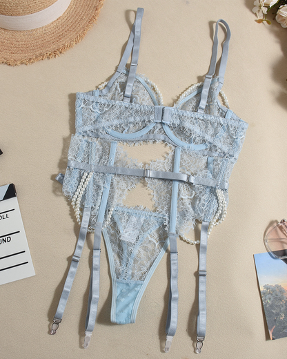 Luxury Pearl Lace Lingerie Set with Boned Waist Corset
