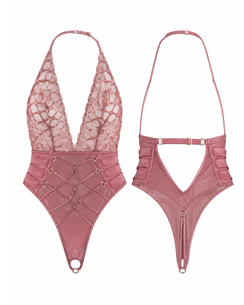 Ribbon Woven Mesh Patchwork Halter Backless Open-Crotch Bodysuit