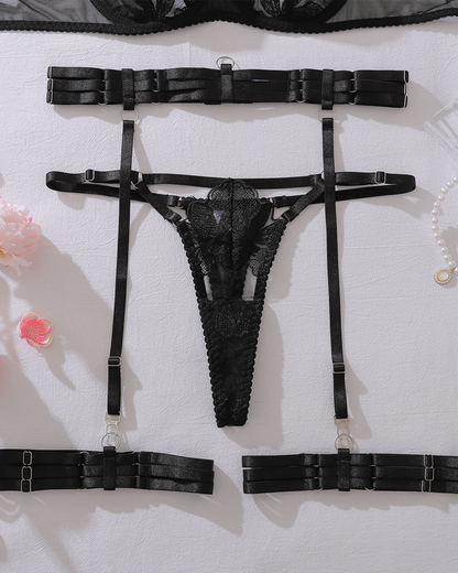 Black Embroidered Mesh Lace-Up Corset Garter Lingerie Set