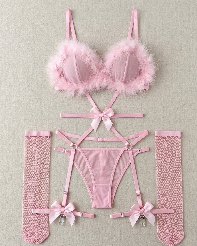 Sexy Fur Trim Lingerie Bodysuit With Fishnet Stockings