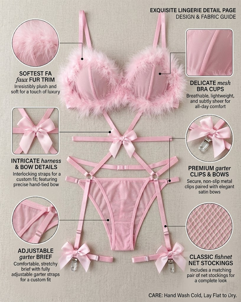 Sexy Fur Trim Lingerie Bodysuit With Fishnet Stockings