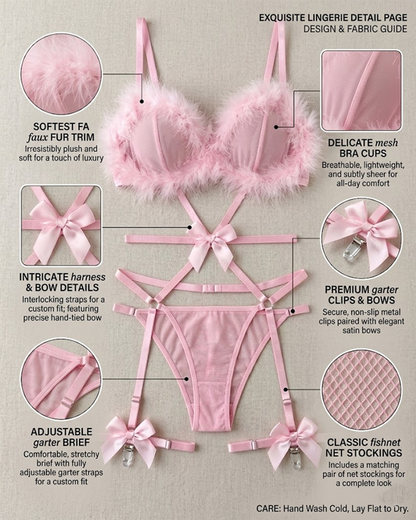 Sexy Fur Trim Lingerie Bodysuit With Fishnet Stockings