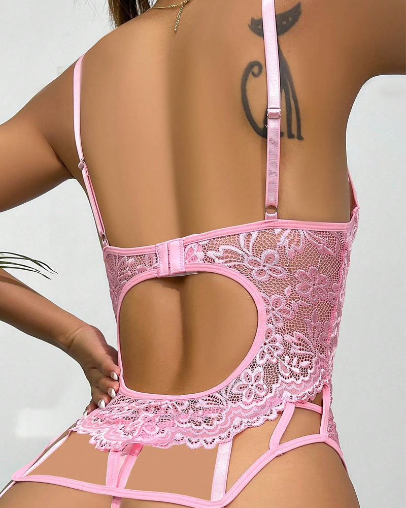 Sexy Lace Patchwork Sheer Lingerie Set with Leg Garters
