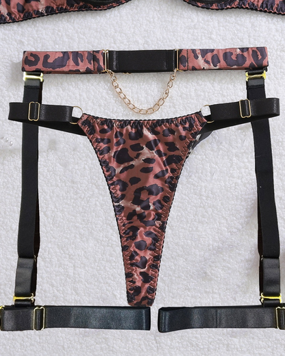 Sexy Metal Chain Leopard Print Cut-Out Lingerie Set