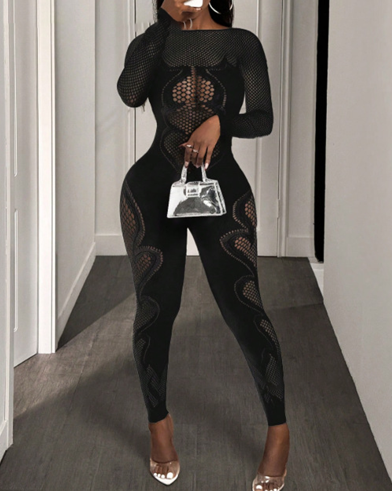 Lace mesh hollow-out high-stretch sheer jumpsuit