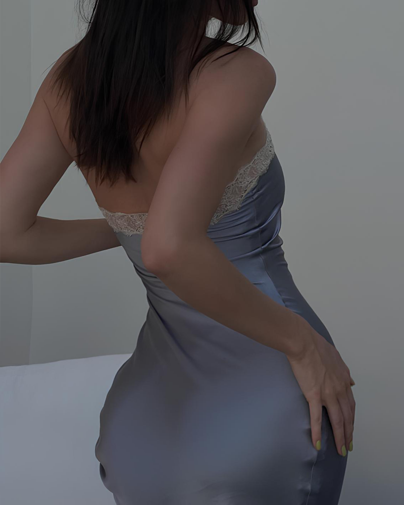 Halter Lace Trim Satin Patchwork Backless Bodycon Dress