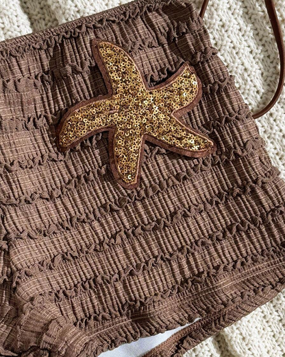 Halter Neck Starfish Sequin Embroidered Two-Piece Bikini Set