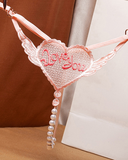 Heart Pearl Sheer Jacquard Embroidered Thong