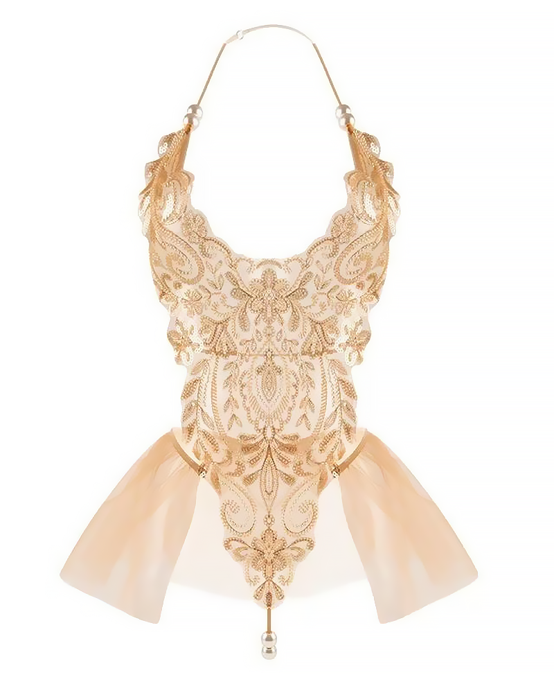 Sexy Pearl Beaded Gilded Embroidered Puff Skirt Bodysuit