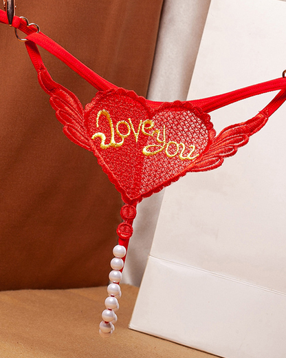 Heart Pearl Sheer Jacquard Embroidered Thong