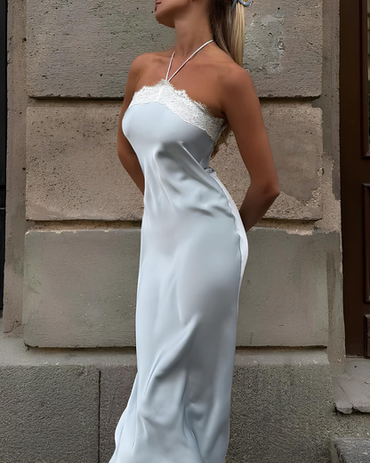 Halter Lace Trim Satin Patchwork Backless Bodycon Dress