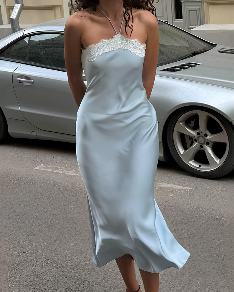 Halter Lace Trim Satin Patchwork Backless Bodycon Dress