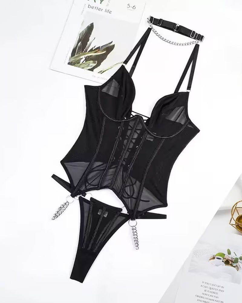 Sexy Sheer Stripe Mesh Corset Set with Matching Choker