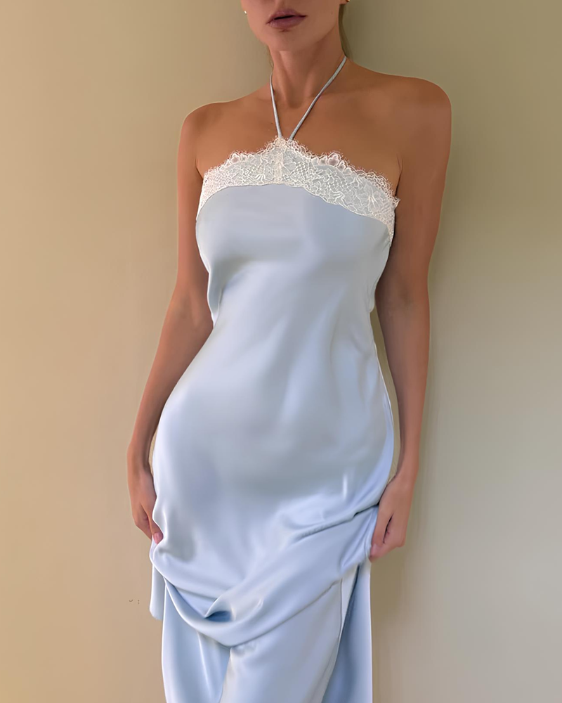 Halter Lace Trim Satin Patchwork Backless Bodycon Dress