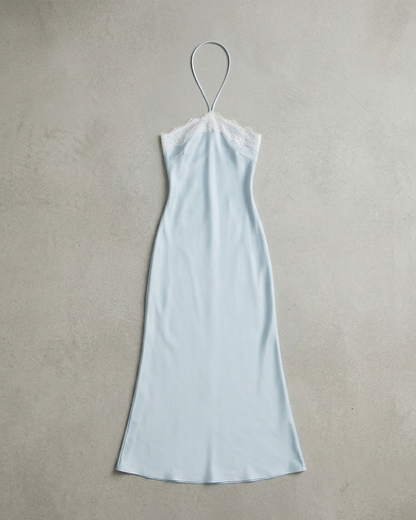 Halter Lace Trim Satin Patchwork Backless Bodycon Dress