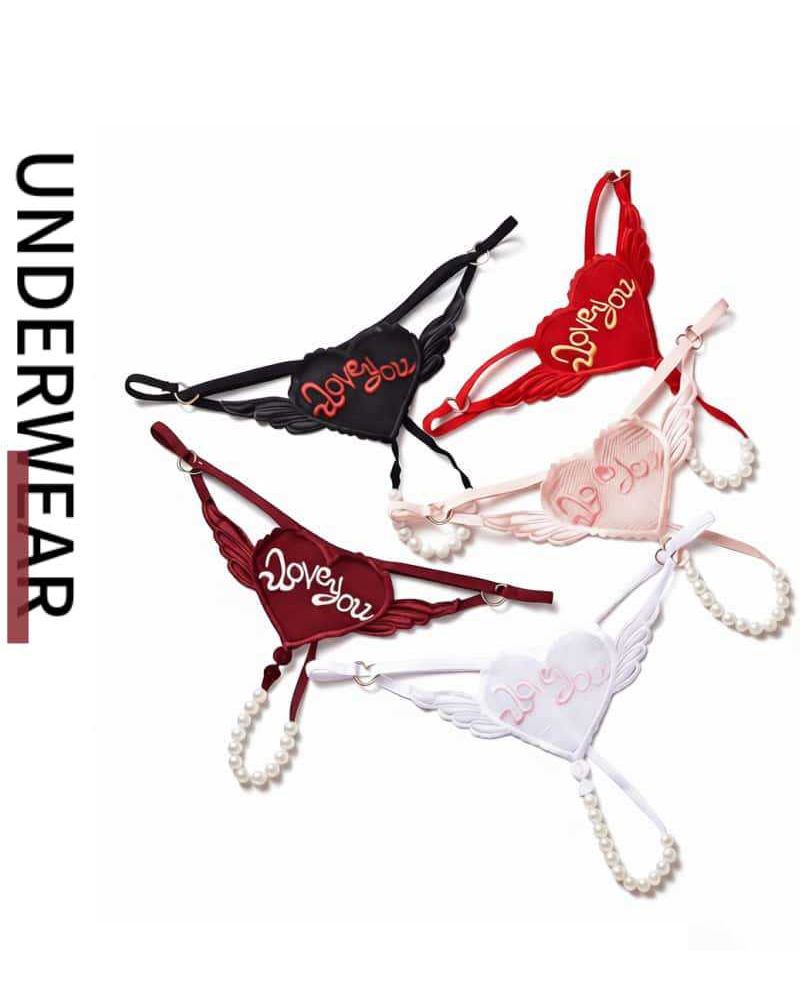 Heart Pearl Sheer Jacquard Embroidered Thong
