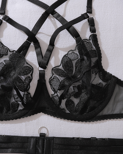 Black Embroidered Mesh Lace-Up Corset Garter Lingerie Set