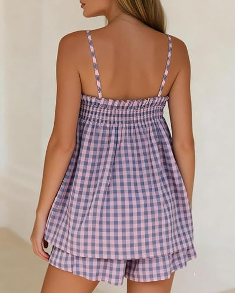 Breathable Plaid Cotton Linen Camisole Shorts Pajama Set